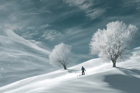 A skier glides through a serene winter landscape dotted with frosted trees and soft snow under a cloudy sky.の写真素材