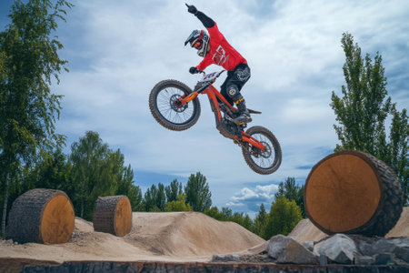 A mountain biker in a red shirt expertly leaps over oversized logs at a dirt park under a blue sky.の写真素材