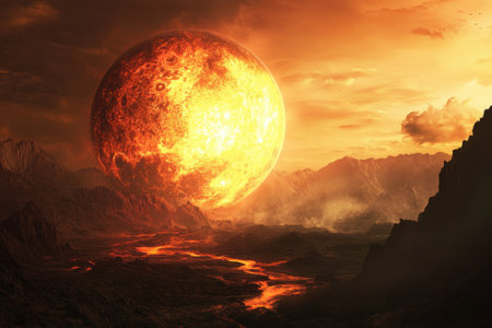 An orange and red giant celestial body looms over a volcanic terrain, illuminating flowing lava streams.の写真素材