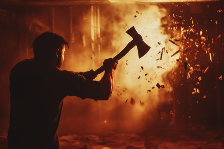A man intensely swings an axe, creating sparks in a dark, fiery atmosphere filled with excitement.の写真素材
