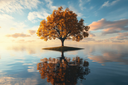 A vibrant tree with orange leaves stands on a small island, reflecting beautifully in the still water at dawn.の写真素材