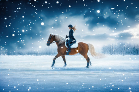 A rider gracefully moves on horseback through snow, surrounded by a tranquil winter landscape.の写真素材