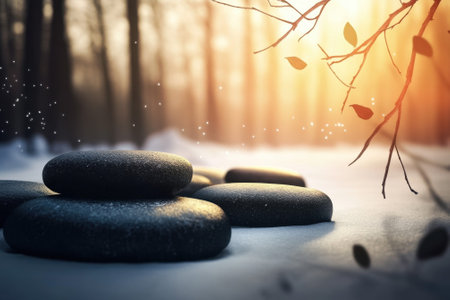 Dark stones sit on a snowy ground with gentle branches silhouetted against a glowing sunset in a tranquil forest.の写真素材