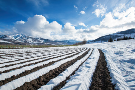 Fields of rich soil lie beneath a blanket of snow, framed by majestic mountains and vibrant clouds.の写真素材
