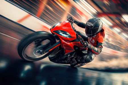 A skilled rider leans into a sharp turn on a bright red motorcycle, navigating the sleek racetrack at high speed.の写真素材