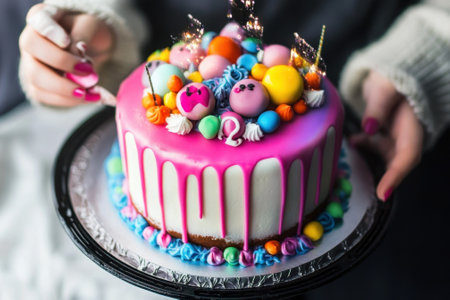 A person decorates a vibrant cake with colorful candies, showing creativity and festive spirit.の写真素材