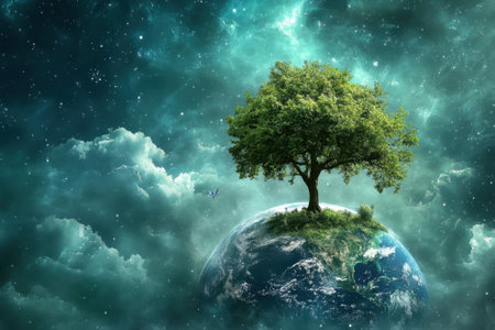 A solitary tree grows on a floating patch of earth amidst swirling clouds and a starry sky at night.の写真素材