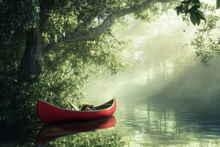 A red canoe is anchored on calm water as morning light filters through trees and mist in a peaceful natural setting.の写真素材
