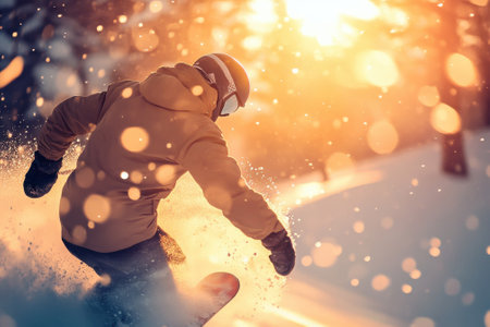 A snowboarder skillfully glides through fresh snow, illuminated by bright sunlight amidst snowflakes.の写真素材