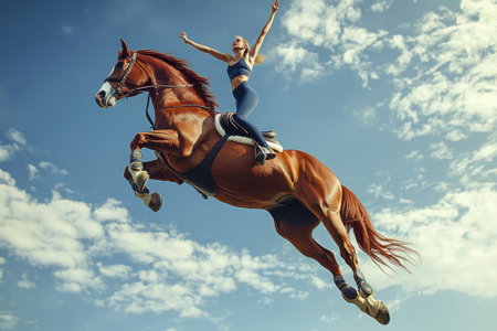 A skilled equestrian performs an impressive acrobatic move on a leaping horse under a bright sky.の写真素材