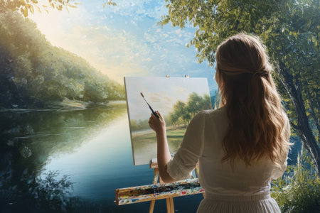Woman paints a beautiful landscape with a river and trees during the early morning light.の写真素材