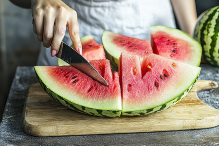 A chef cuts into a ripe watermelon, creating wedges for a refreshing summer snack in a bright kitchen.の写真素材