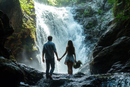 A couple stands hand in hand near a beautiful waterfall, surrounded by lush greenery. Sunlight filters through the mist.の写真素材