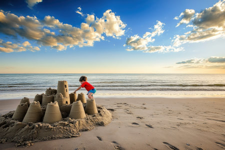A young child constructs a large sandcastle on a serene beach during sunset, with gentle waves lapping nearby.の写真素材