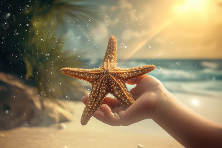 A hand gently holds a starfish against the shining sun and rolling waves at the beach, evoking tranquility.の写真素材