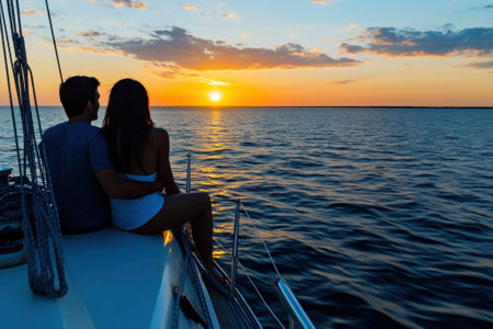 A pair relaxes on a sailboat, watching the sun dip below the horizon over tranquil waters.の写真素材