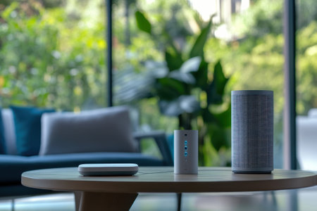 A stylish living room features smart speakers and a hub on a table with lush greenery in the background.の写真素材