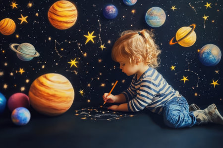 A child draws constellations with a pencil on dark paper, surrounded by colorful planets.の写真素材