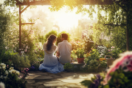 Two people sit closely in a vibrant garden filled with flowers, enjoying the golden sunset together.の写真素材