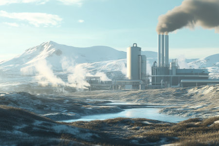 A large industrial complex releases smoke into the clear winter sky surrounded by snow-covered mountains.の写真素材