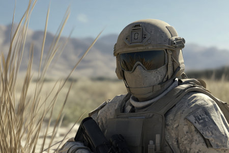 A soldier sits quietly in a desert environment, wearing tactical gear and observing the surroundings under sunlight.の写真素材