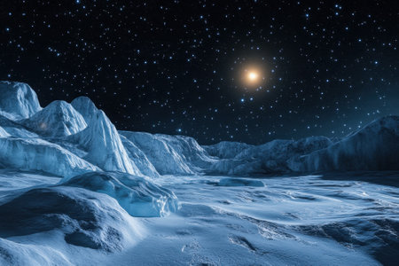 An expansive frozen terrain is illuminated by bright stars and a glowing planet in the night sky.の写真素材