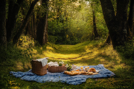 A picturesque picnic is arranged on a blue blanket in a tranquil forest clearing, bathed in sunlight.の写真素材