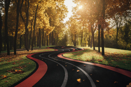 A winding path covered in red rubber leads through a picturesque autumn landscape filled with colorful trees.の写真素材
