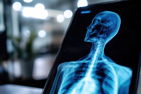A digital display showcases an X-ray of a human skeleton, focusing on spine and ribcage details.の写真素材