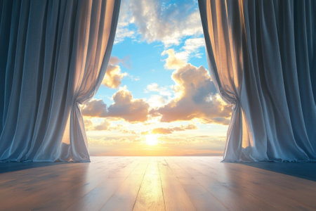 Sunshine streams through curtains, illuminating the wooden floor as day breaks with vibrant colors and clouds.の写真素材