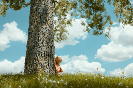 A child leans against a large tree with a serene sky and soft clouds overhead, enjoying nature.の写真素材