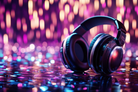Headphones sit on a glossy surface, illuminated by colorful lights from a party, creating a lively atmosphere.の写真素材
