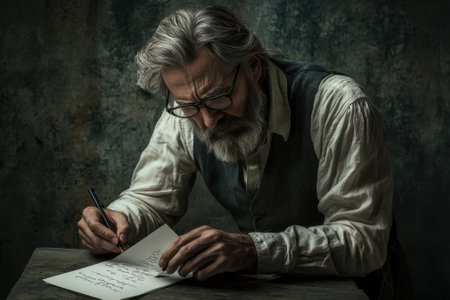 An elderly man with a beard focuses intently as he writes a letter on a worn table in soft light.の写真素材