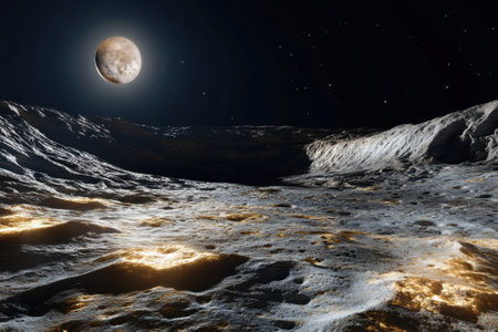 A vast lunar surface glows under the light of a nearby moon, revealing rugged terrain and shadows.の写真素材