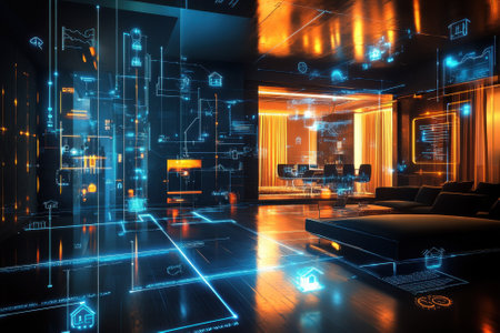 A modern living room features glowing holograms and digital interfaces representing advanced technology and design.の写真素材