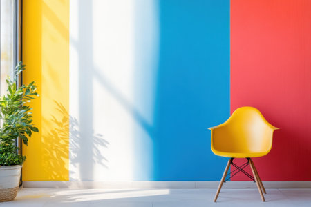 A vibrant interior features a yellow and blue wall with a contemporary red section and a yellow chair.の写真素材