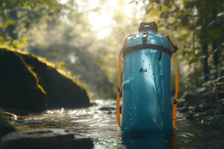 A colorful backpack sits in shallow water as sunlight filters through the trees, creating a calm scene.の写真素材