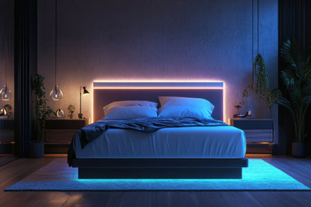 A spacious bedroom with a cozy bed and soft bedding, bathed in calming blue ambient lights.の写真素材