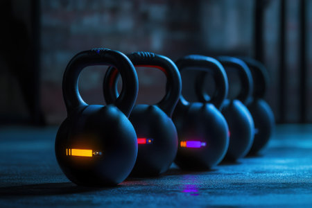 Kettlebells are lined up in a dimly lit gym with vibrant colors illuminating their features.の写真素材