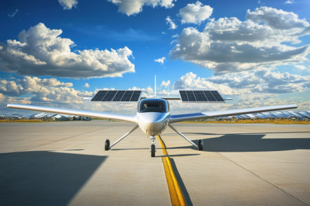 A sleek solar aircraft is positioned on a runway, ready for departure against a backdrop of fluffy clouds.の写真素材