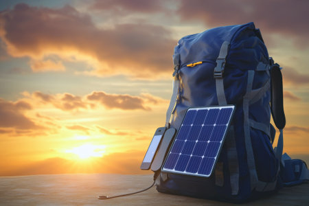 A backpack with a solar panel charger rests on a surface as the sun sets, casting warm colors in the sky.の写真素材