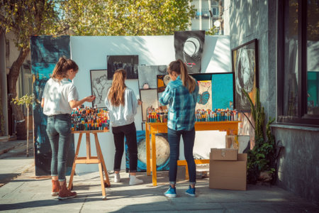 A group of young artists is engaging with visitors at a vibrant outdoor art market filled with colorful artworks.の写真素材
