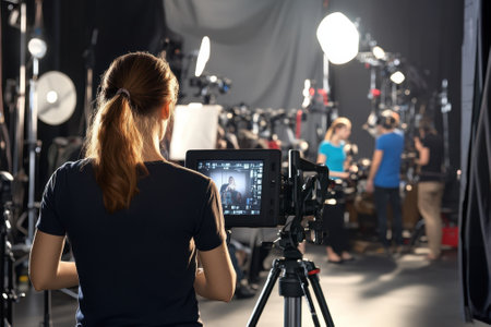 A film crew prepares for a shoot in a studio with intricate lighting and camera setup, focusing on the subject.の写真素材