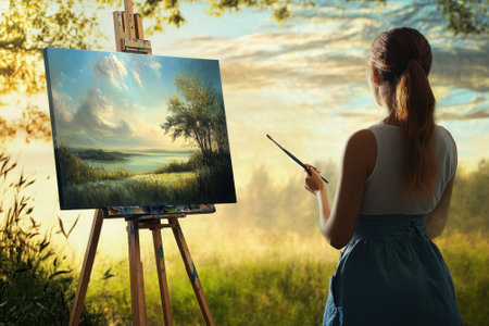 A woman stands in front of an easel, capturing the beauty of a lake during sunset with her brush.の写真素材
