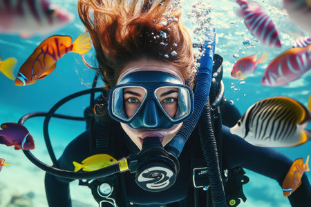 A diver enjoys swimming among bright fish in a clear blue ocean, marveling at coral beauty during a sunny day.の写真素材