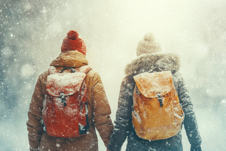 Two individuals with backpacks walk together, enjoying a snowy winter day filled with falling snowflakes.の写真素材