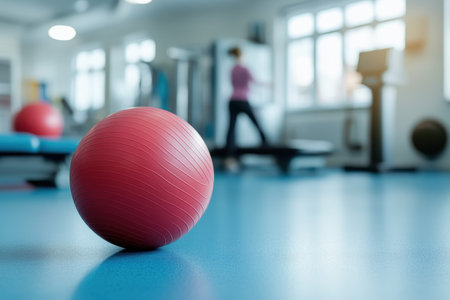 A bright red exercise ball rests on a blue gym floor while someone exercises in the background.の写真素材