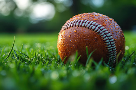 A baseball covered in droplets sits on lush grass, reflecting a peaceful post-rain atmosphere.の写真素材