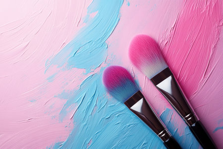 Two soft makeup brushes sit on a colorful pink and blue textured surface, ideal for beauty enthusiasts.の写真素材