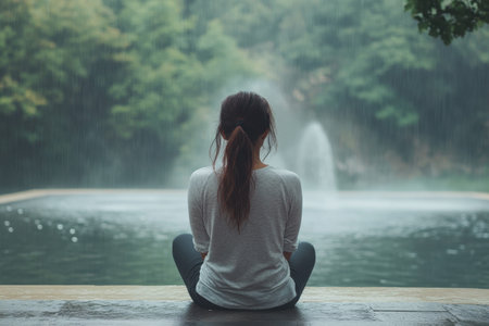 A lone individual enjoys the calming atmosphere of a rain-soaked park, gazing at a fountain.の写真素材